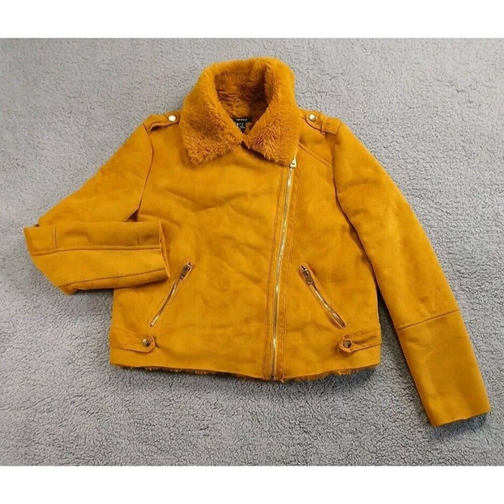 EUC Forever 21 Premium Size Large Mustard Yellow Faux Fur Suede Cropped Jacket